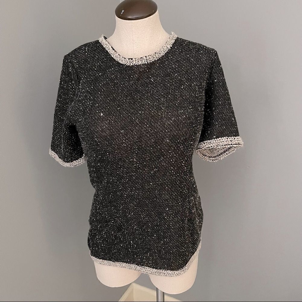 Cabi Coco Black Gray Tweed Knit Short Sleeve Top #542